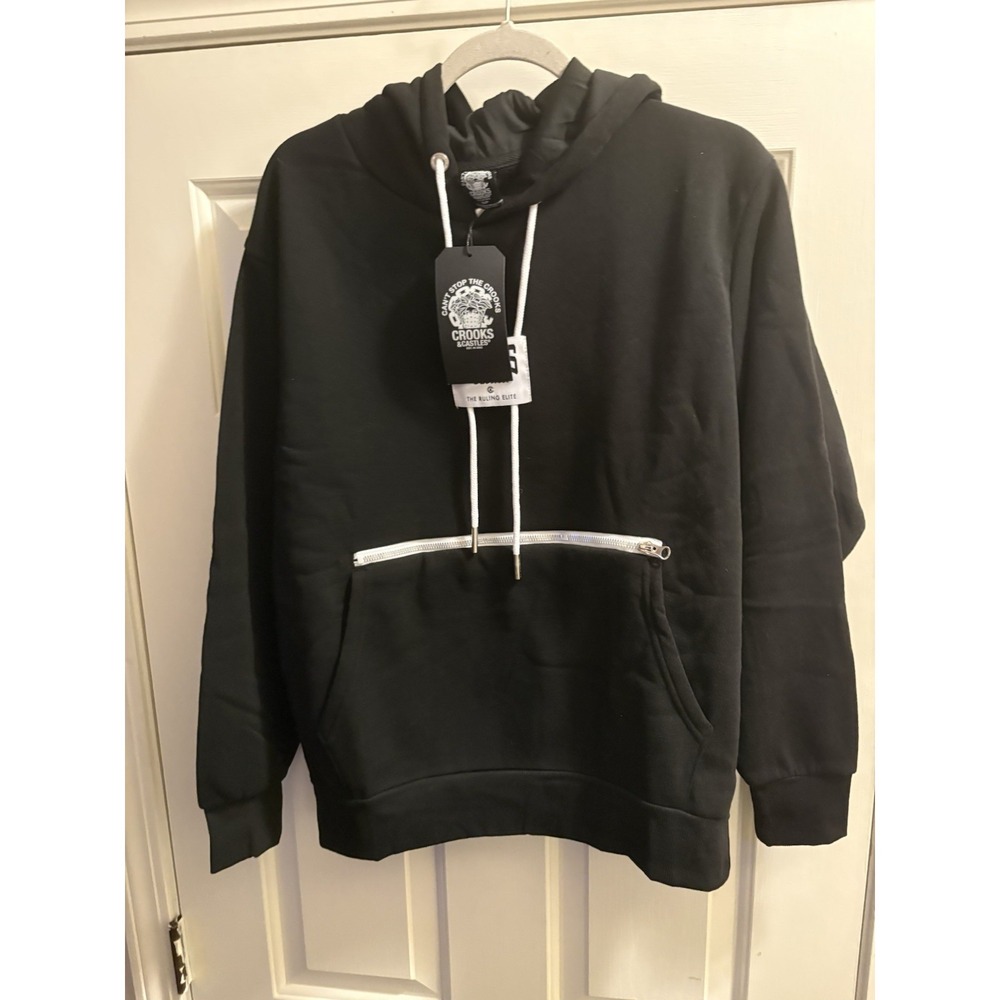 NWT Crooks & Castles Black Fleece Pullover Hoodie Zipper Pocket Logo Men's Small